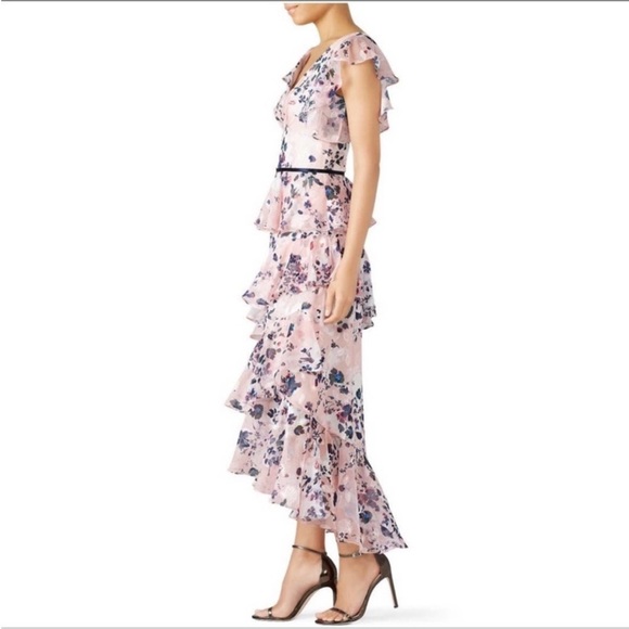 Marchesa Notte pink floral chiffon ruffle floral midi dress - Picture 3 of 8